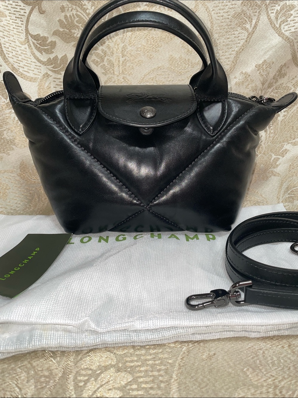 Longchamp Le Pliage Cuir Doudoune XS Handbag with Strap Black Rare